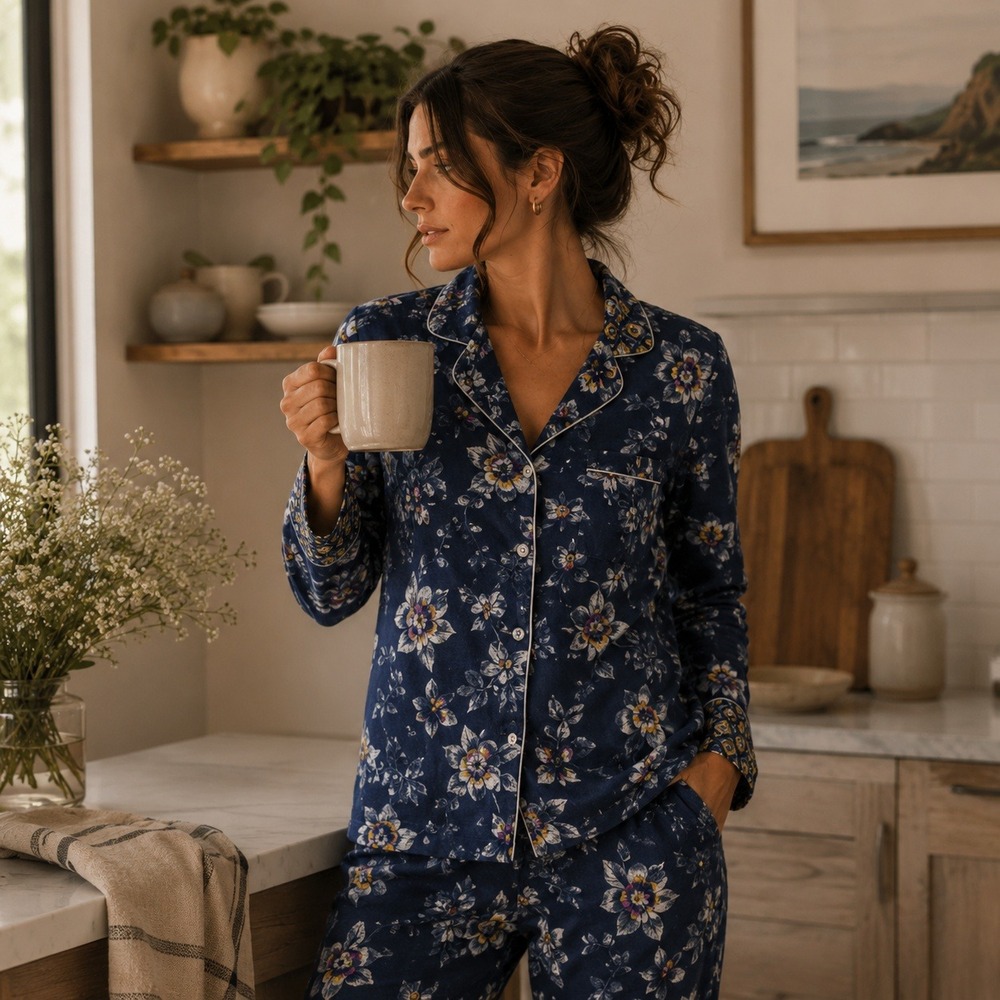 Vera Bradley Womens Blue Floral Button Down Pajama Top Long Sleeve Size M NEW